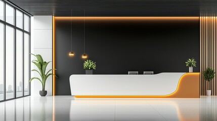 Poster - Minimalist office lobby design with sleek furnishings, ambient lighting, and a large reception desk against a glass backdrop.