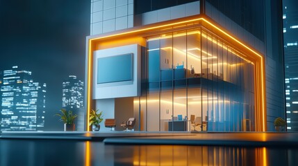 Poster - A modern office exterior with ambient lighting, illuminating the building structure and creating a sophisticated feel.