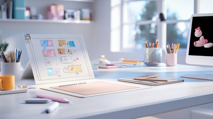 Poster - A designer portfolio open on a table, displaying sketches, fabric swatches, and mood boards for upcoming projects.