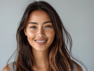 closeup portrait of a smiling young Asian woman with long hair on white background for dental ad