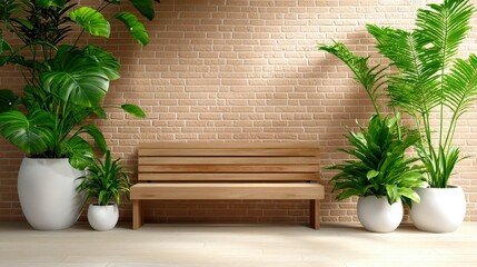 Poster - Rustic patio with a wooden bench and flower pots, set against a brick wall, for a quaint look.