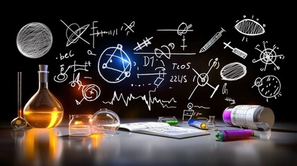 Poster - School chalkboard filled with doodles of science symbols, math equations, and fun sketches in white chalk.