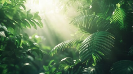 Poster - Sunlight filters through dense tropical leaves, illuminating the vibrant greenery in a serene morning atmosphere. Generative AI