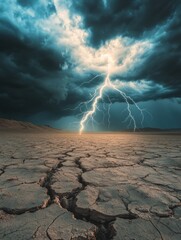 Poster - Dark storm clouds gather over a parched desert, with vivid lightning striking down, creating a striking contrast against the horizon. Generative AI