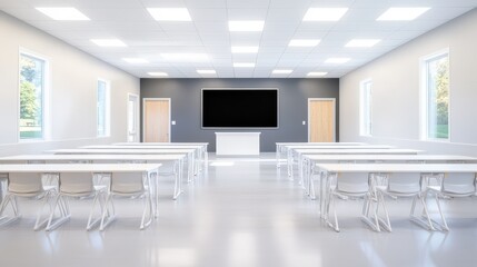 Poster - Empty high school classroom with a bright atmosphere, orderly rows of desks, and a welcoming setup with a large chalkboard at the front.