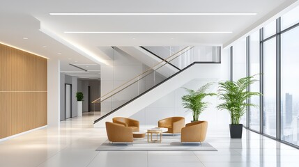 Poster - Modern office building lobby with open spaces, natural light, and refined furnishings, perfect for a professional setting.