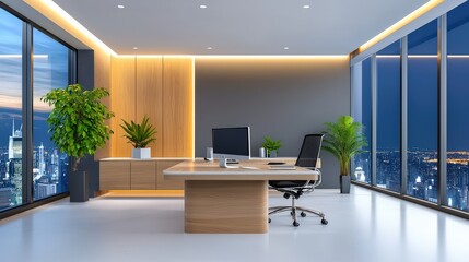 Poster - Brightly lit office spaces visible through large windows, adding a lively touch to the night cityscape.