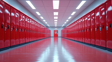 Poster - Rows of red lockers in a well-lit high school hallway, standing in perfect alignment, with clean surroundings.