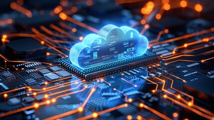 Poster - blue glowing cloud computing concept on circuit board - big data transfer and storage