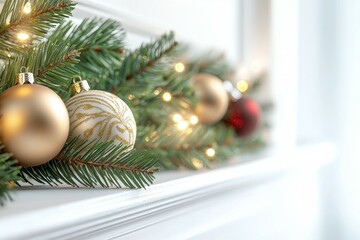 Wall Mural - A white mantle with a Christmas tree ornamented with gold and red balls