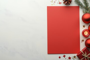 Wall Mural - A red piece of paper sits on a white background with a Christmas tree