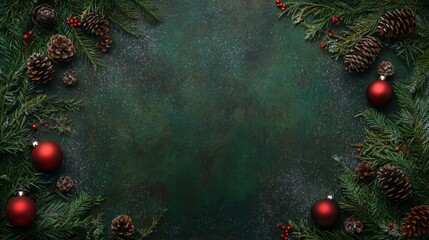 Poster - Rich greenery surrounds shiny red ornaments and pinecones on a dark green surface, creating a vibrant holiday atmosphere perfect for seasonal celebrations and decorations.