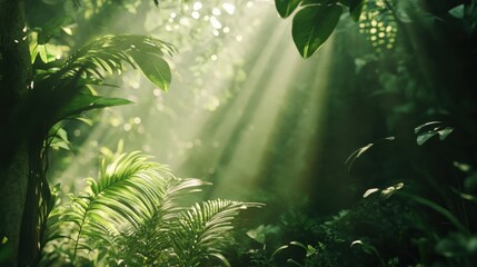 Aufkleber - Golden rays of sunlight illuminate the dense foliage in a tranquil tropical forest, enhancing the vibrant green surroundings. Generative AI