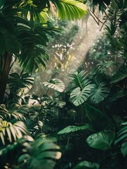 Poster - Sunbeams shine through dense leaves in a tropical forest, highlighting the rich greenery and creating a tranquil environment. Generative AI