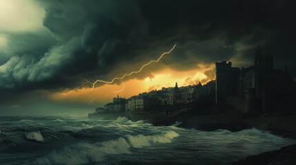 Poster - Dark clouds gather over a coastal city as a storm brews, while lightning flashes illuminate the sky and waves crash against the shore. Generative AI