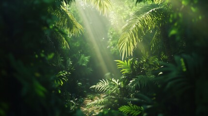 Poster - Sunlight beams penetrate the dense canopy, illuminating the rich greenery of the tropical forest while creating a peaceful atmosphere. Generative AI