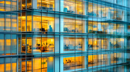Modern Office Building with Glass Facade at Night, skyscraper, modern architecture, urban, city, business