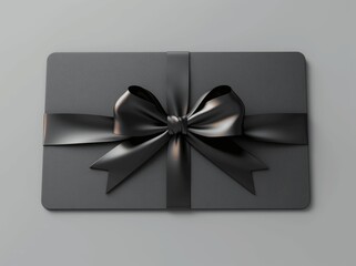 Poster - Black Gift Card Mockup with Ribbon Bow on Light Grey Table - Top View 3D Rendering