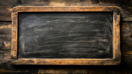 Wall Mural - Empty Black Chalkboard on Wooden Background, blackboard, blank, rustic, texture, vintage