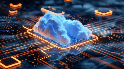 Poster - blue glowing clouds on circuit board, seamless big data transfer and storage, cloud computing concep