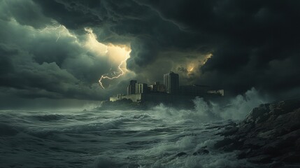 Poster - Dark storm clouds gather over the coastal city as lightning strikes, casting an eerie glow on the churning waves below. Generative AI