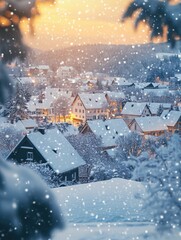 Aufkleber - A charming village is covered in snow as warm lights twinkle in the evening darkness, creating a magical winter atmosphere. Generative AI