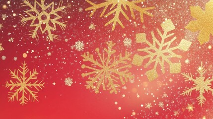 Leinwandbilder - A red background with a gradient of light to dark red is adorned with numerous gold snowflakes, each glittering with sparkle.