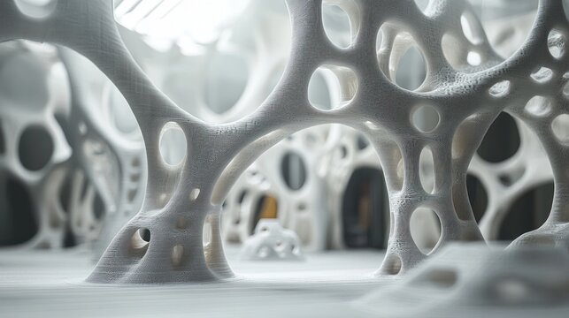 Abstract white organic structure with holes and openings, creating a labyrinthine and porous design.