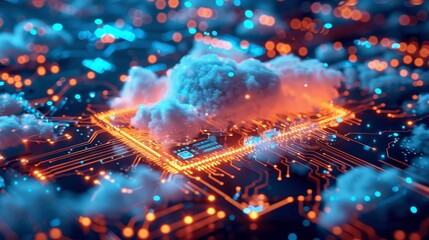 Poster - Cloud Technology Concept with Glowing Blue Light on Circuit Board Background