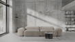 © Oleksandr Shcherban/Stocksy - Contemporary living room with beige sofa and concrete wall design, 3d