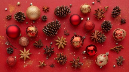 Poster - A flat lay of various Christmas ornaments arranged on a red background. The ornaments are red, gold, and have a gold and red pattern.