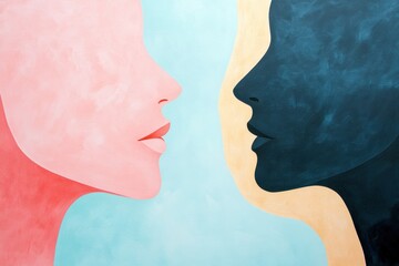 Fototapete - Abstract silhouettes of two faces in soft pastel tones illustrate the connection and understanding between individuals. Generative AI