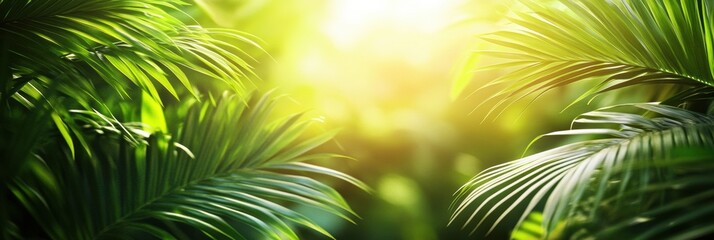 Aufkleber - Bright sunlight shines through the dense leaves of a tropical forest, creating a warm and inviting atmosphere in nature. Generative AI