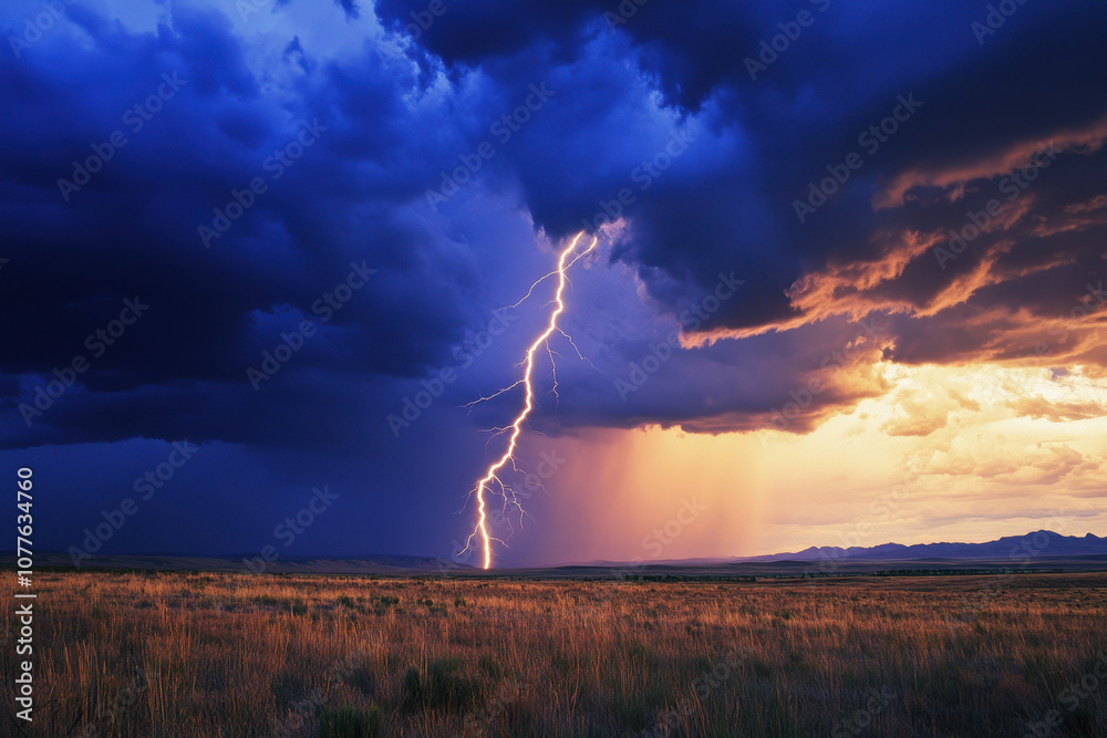 Dramatic stormy sky with a vibrant lightning bolt striking over a vast ...