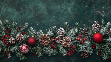 Poster - The display showcases a beautifully arranged Christmas garland consisting of green pine branches, snowy pinecones, red ornaments, and festive berries, perfect for holiday decorations.