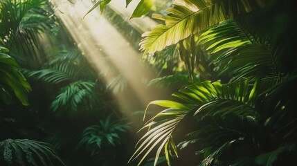 Aufkleber - Sunlight streams through the dense canopy of a tropical forest, illuminating rich greenery and creating a tranquil ambiance. Generative AI