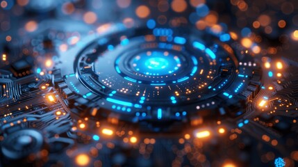 Poster - futuristic blue circuit board with glowing center for technology and cyber security concept