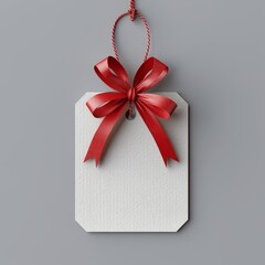 Minimal white gift tag with red ribbon on grey background, 3D rendering, holiday celebration card