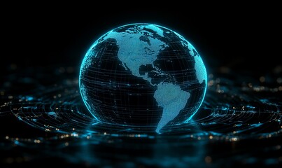 Fototapete - A futuristic, digital globe with glowing blue lines representing connections and data on a black background.