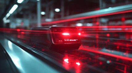 Poster - A futuristic vehicle, with red lights, moves quickly along a moving walkway.