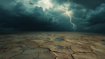 Poster - Dark clouds gather in the arid desert, while cracks in the ground reveal the dry earth, all illuminated by flashes of lightning. Generative AI