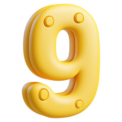 Poster - 3D The number nine is yellow and has a round shape isolated on transparent or white background, png