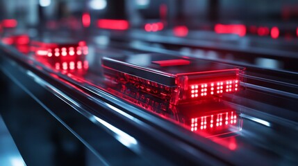 Aufkleber - A futuristic, sleek black device with glowing red lights moves along a conveyor belt in a factory setting.