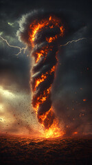 Wall Mural - a fire tornado is depicted in a dark sky with a storm in the background