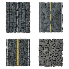 Wall Mural - 3D Four different types of road surfaces, including a cracked and broken road isolated on transparent or white background, png