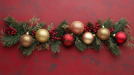Poster - A vibrant collection of red and gold ornaments is arranged among evergreen branches and pinecones, creating a festive atmosphere perfect for the holiday season.