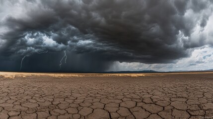 Poster - Dark storm clouds loom ominously over a parched desert, as distant lightning flashes illuminate the cracked ground and dry vegetation below. Generative AI