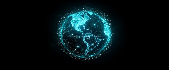 Poster - A glowing blue digital globe with North and South America highlighted. The globe is surrounded by a network of lines and dots, representing the interconnectedness of the world.