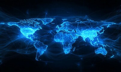 Poster - A glowing blue map of the world with a network of lines connecting different continents.