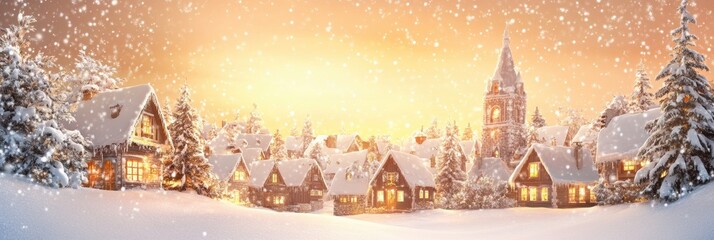 Wall Mural - Snow blankets the quaint village as warm lights shine from charming homes, creating a magical Christmas atmosphere at dusk. Generative AI